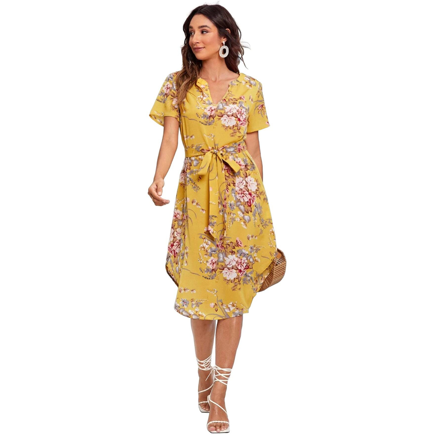 Shasmi Women's Rayon Blend A-Line Knee-Length Notch Neck Split Curved Hem Belted Dress (Stylish Western Party Yellow_L)
