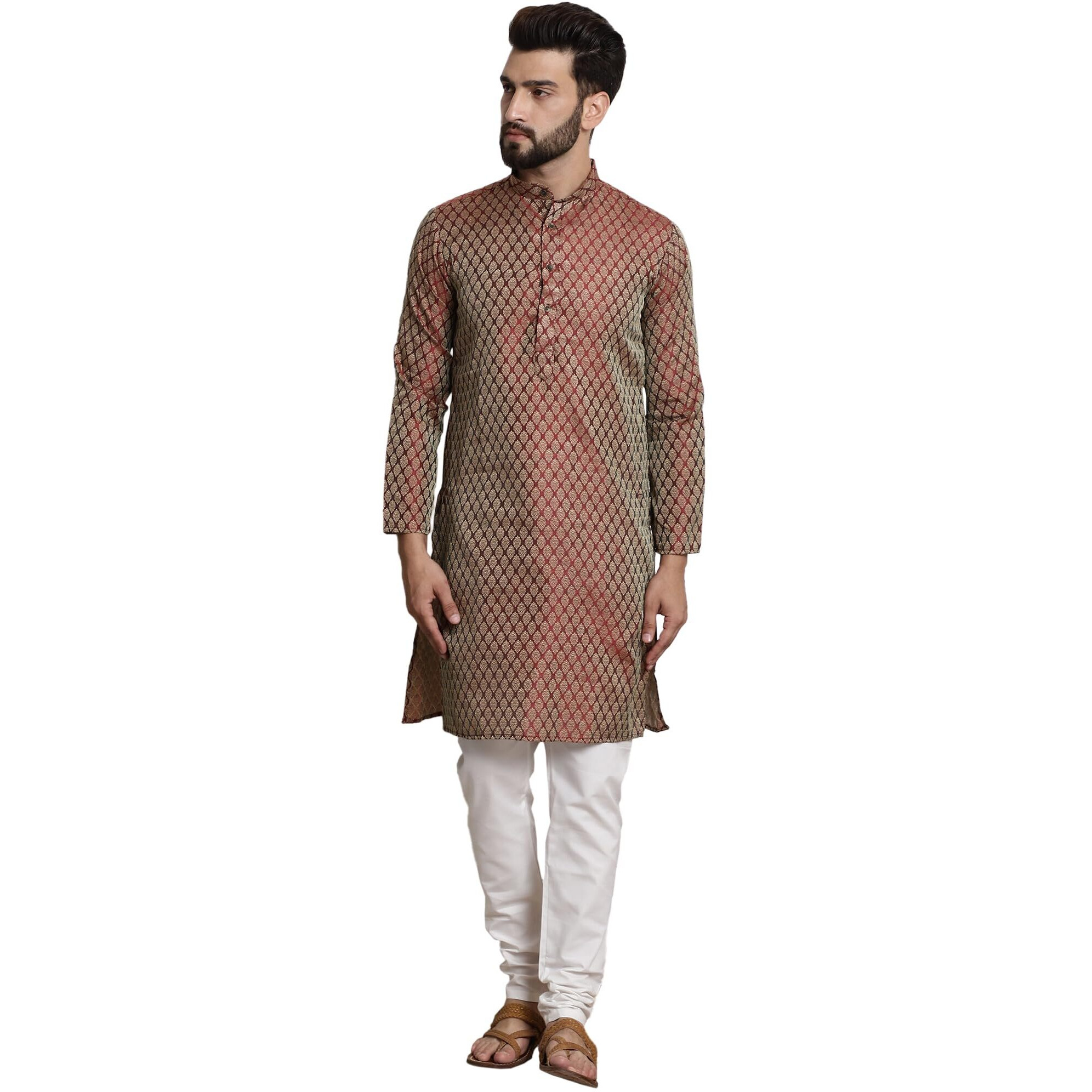 Sojanya (Since 1958 Men's Silk Blend Maroon Self Design Kurta And White Churidar Pyjama Set