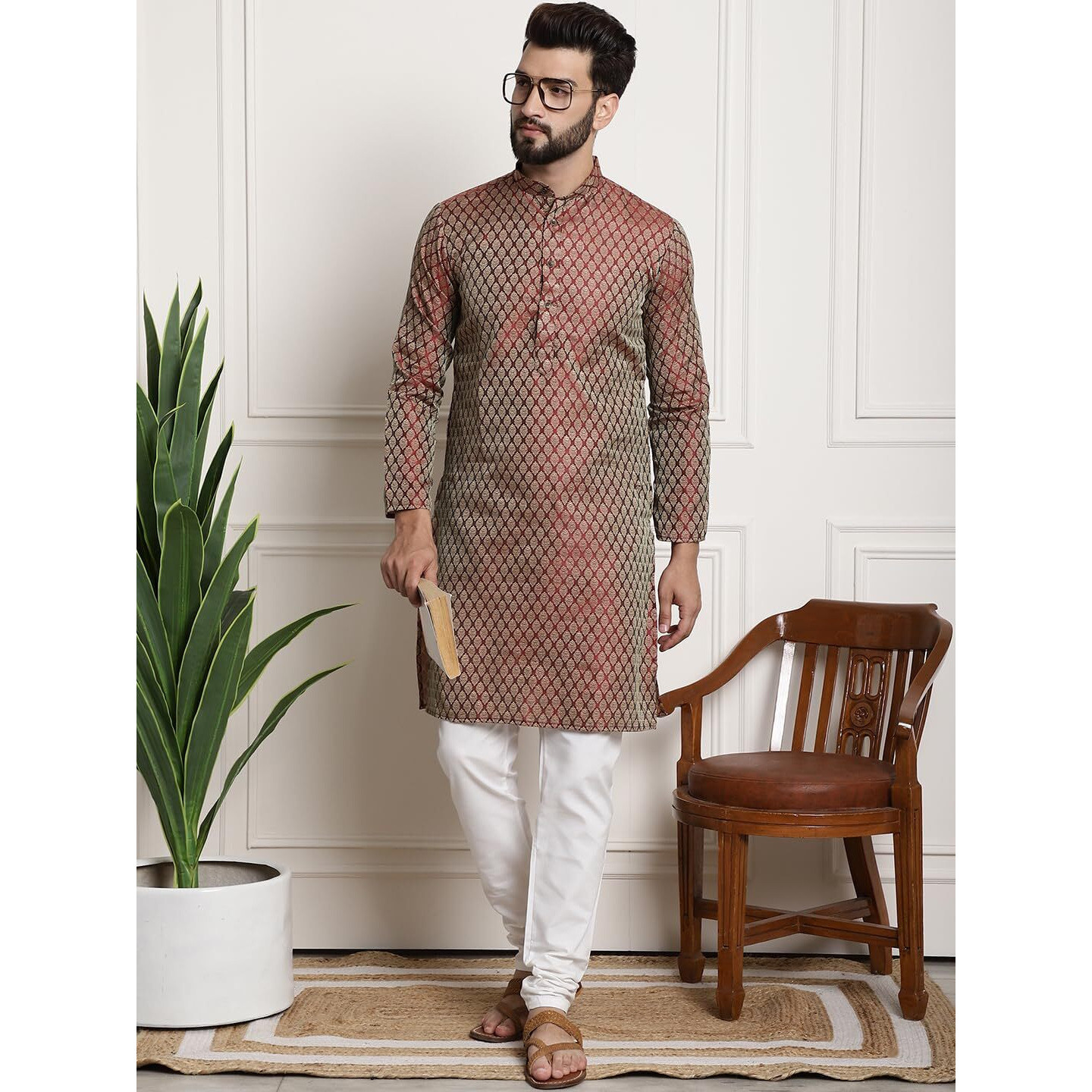 Sojanya (Since 1958 Men's Silk Blend Maroon Self Design Kurta And White Churidar Pyjama Set