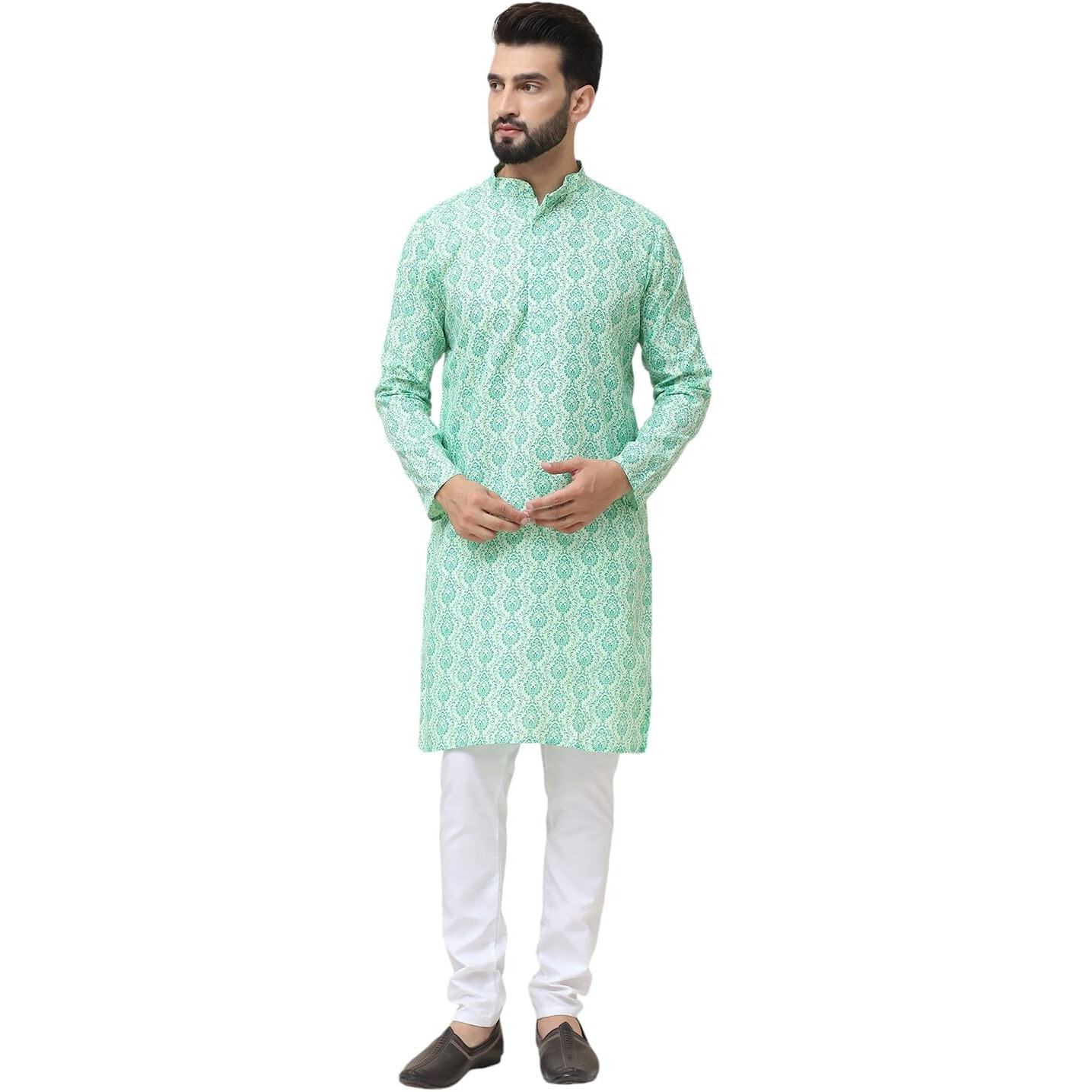 Sojanya (Since 1958 Men's Cotton Blend Pista Green Printed Kurta And White Churidar Pyjama Set