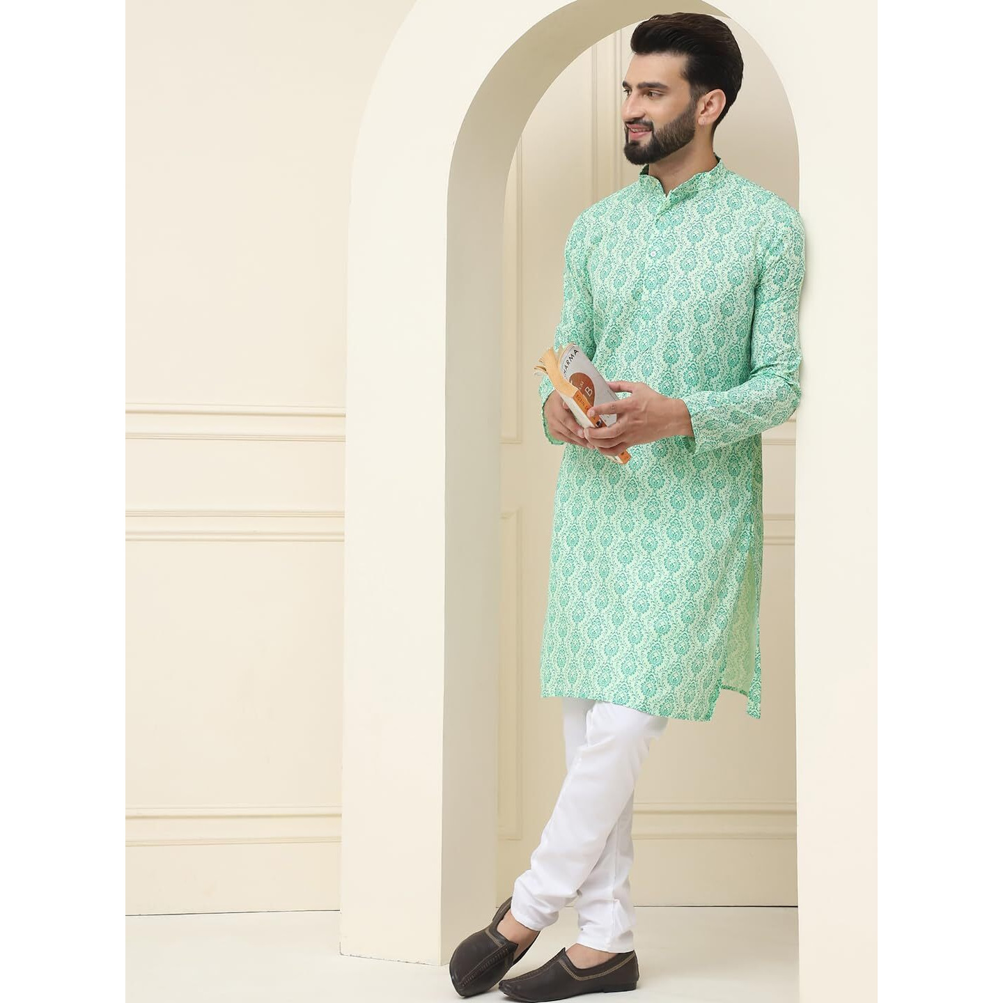 Sojanya (Since 1958 Men's Cotton Blend Pista Green Printed Kurta And White Churidar Pyjama Set