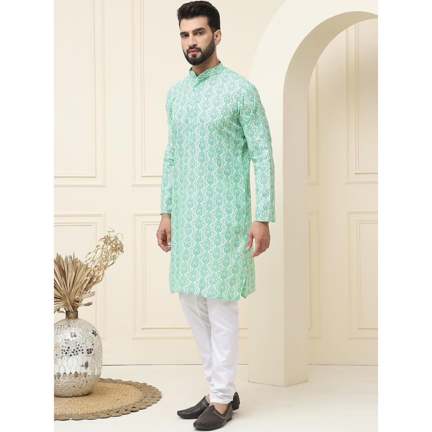 Sojanya (Since 1958 Men's Cotton Blend Pista Green Printed Kurta And White Churidar Pyjama Set