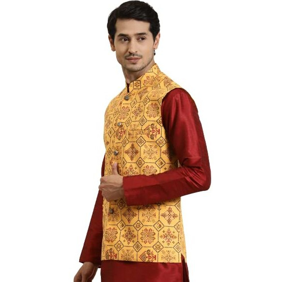 Sojana (Since 1958) Men's Cotton Linen Yellow & Multi Printed Only Nehru Jacket