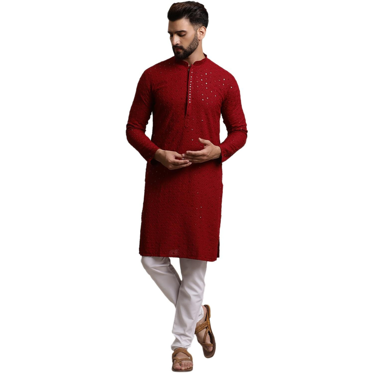 Sojanya (Since 1958 Men's Pure Cotton Dark Maroon Sequence Kurta & White Pyjama Set