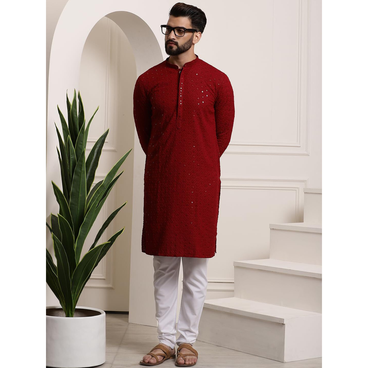 Sojanya (Since 1958 Men's Pure Cotton Dark Maroon Sequence Kurta & White Pyjama Set