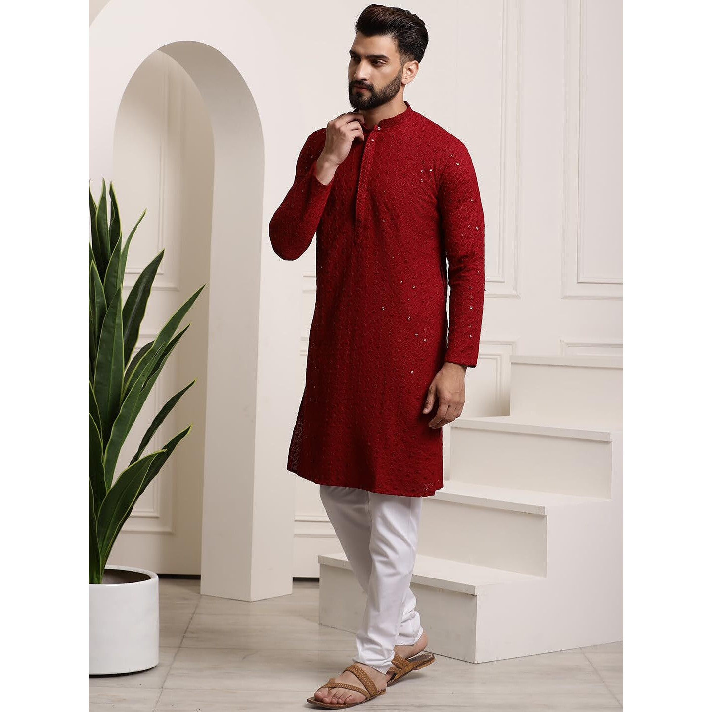 Sojanya (Since 1958 Men's Pure Cotton Dark Maroon Sequence Kurta & White Pyjama Set