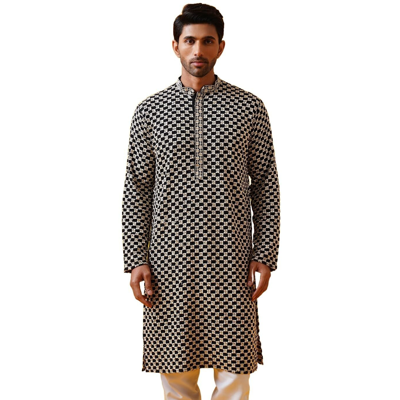 Sojanya (Since 1958 Men's Cotton Rayon Sequinned Cheeku Thread Embroidered Black Long Kurta