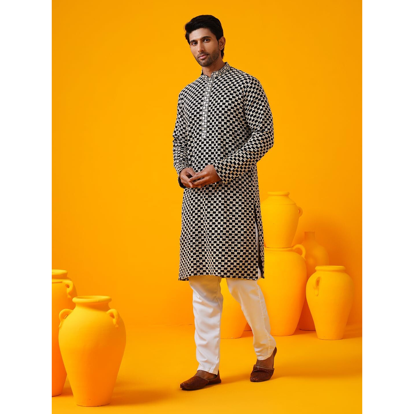 Sojanya (Since 1958 Men's Cotton Rayon Sequinned Cheeku Thread Embroidered Black Long Kurta