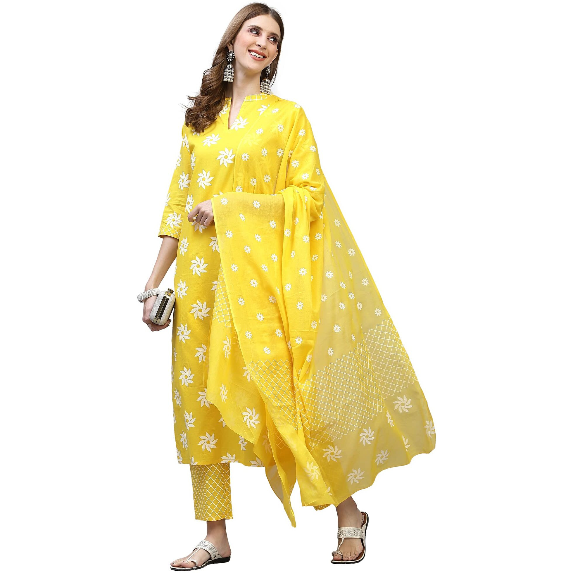 Stylum Women Cotton Kurta Pant With Dupatta Set (Mustardkhadikpdset40_Mustard, L)