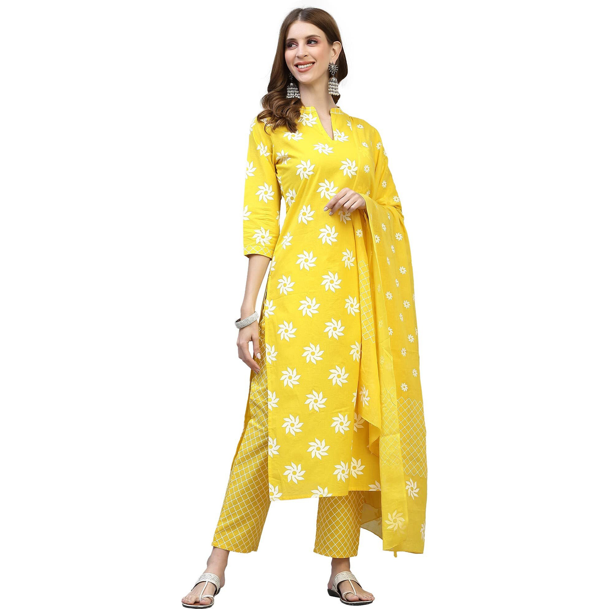 Stylum Women Cotton Kurta Pant With Dupatta Set (Mustardkhadikpdset40_Mustard, L)
