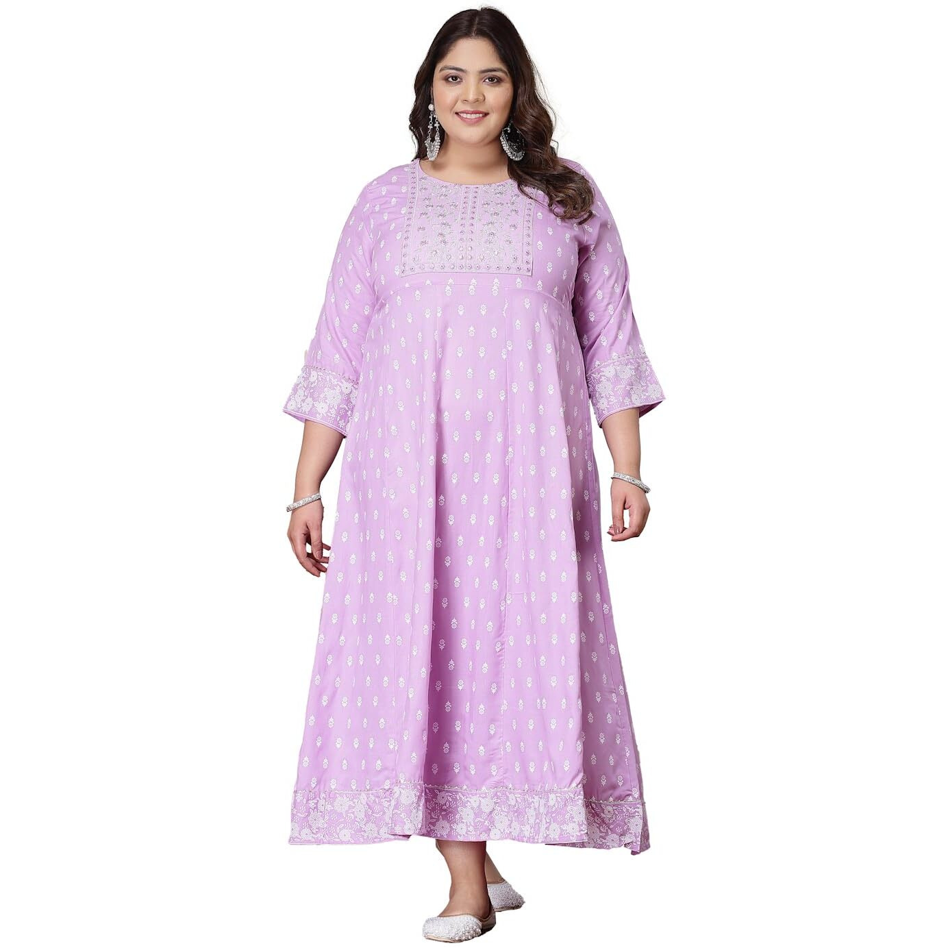 Stylum Plus Size Women Printed & Embroidered Rayon Anarkali Kurta (Lavenderdionplus48_Lavender, 4Xl)