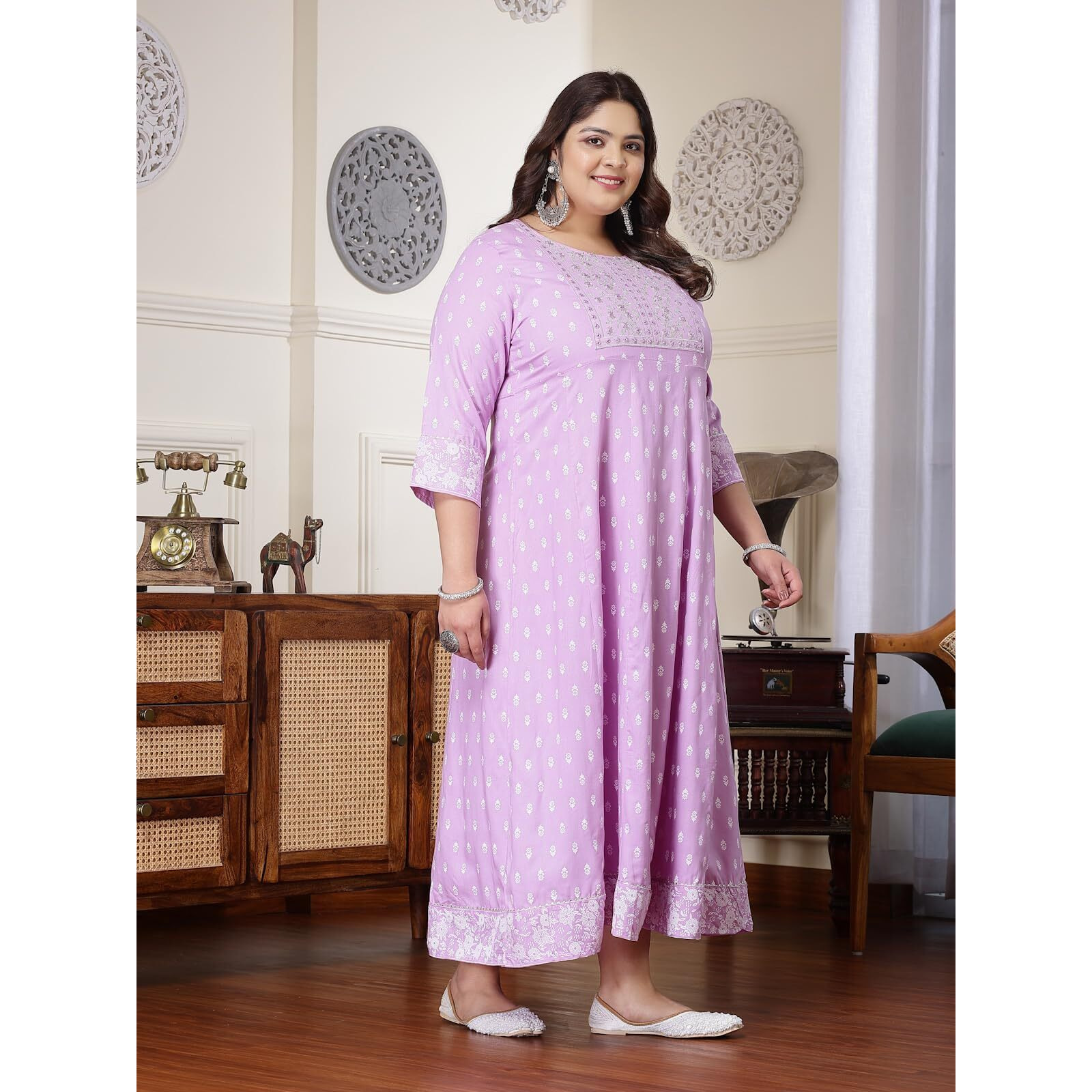 Stylum Plus Size Women Printed & Embroidered Rayon Anarkali Kurta (Lavenderdionplus48_Lavender, 4Xl)