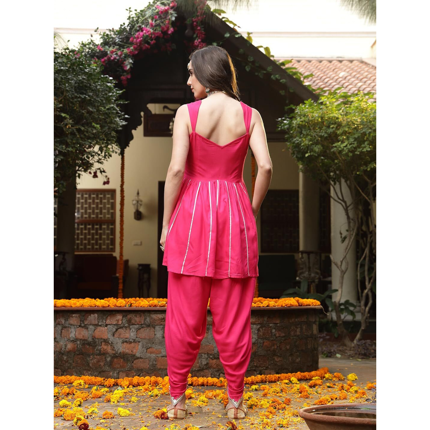Stylum Women's Solid & Embroidered Rayon A-Line Kurti Dhoti Pant Set (Kdpinkrom38_Pink, M)