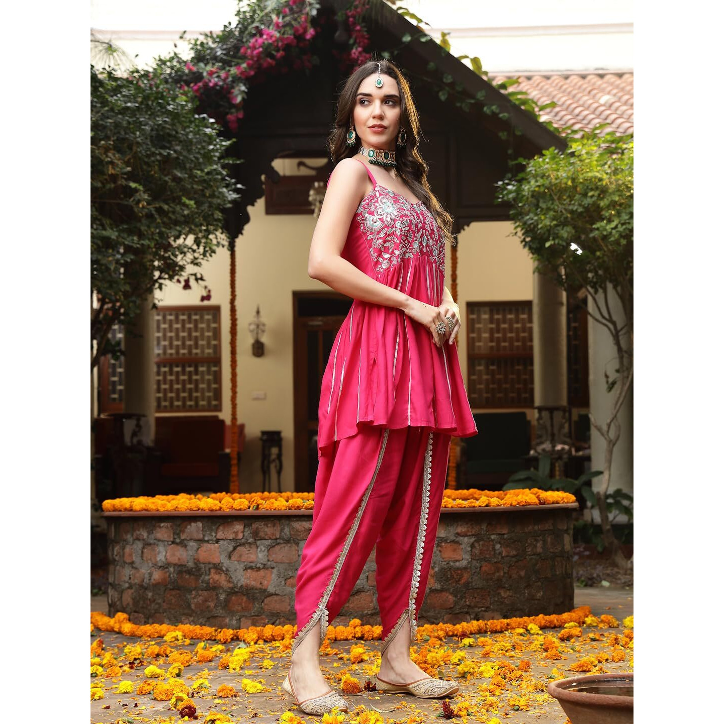 Stylum Women's Solid & Embroidered Rayon A-Line Kurti Dhoti Pant Set (Kdpinkrom38_Pink, M)