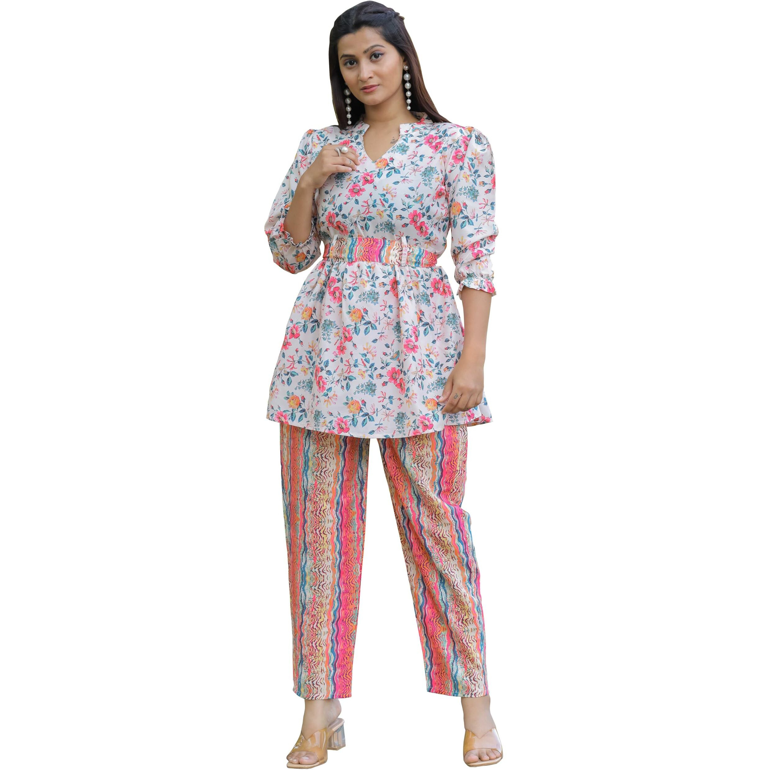 Sugathari Women's Dress Pink Cream Keyhole Neck Co-Ods Set For Women (Co-Ods 102 Pink White 2Xl)