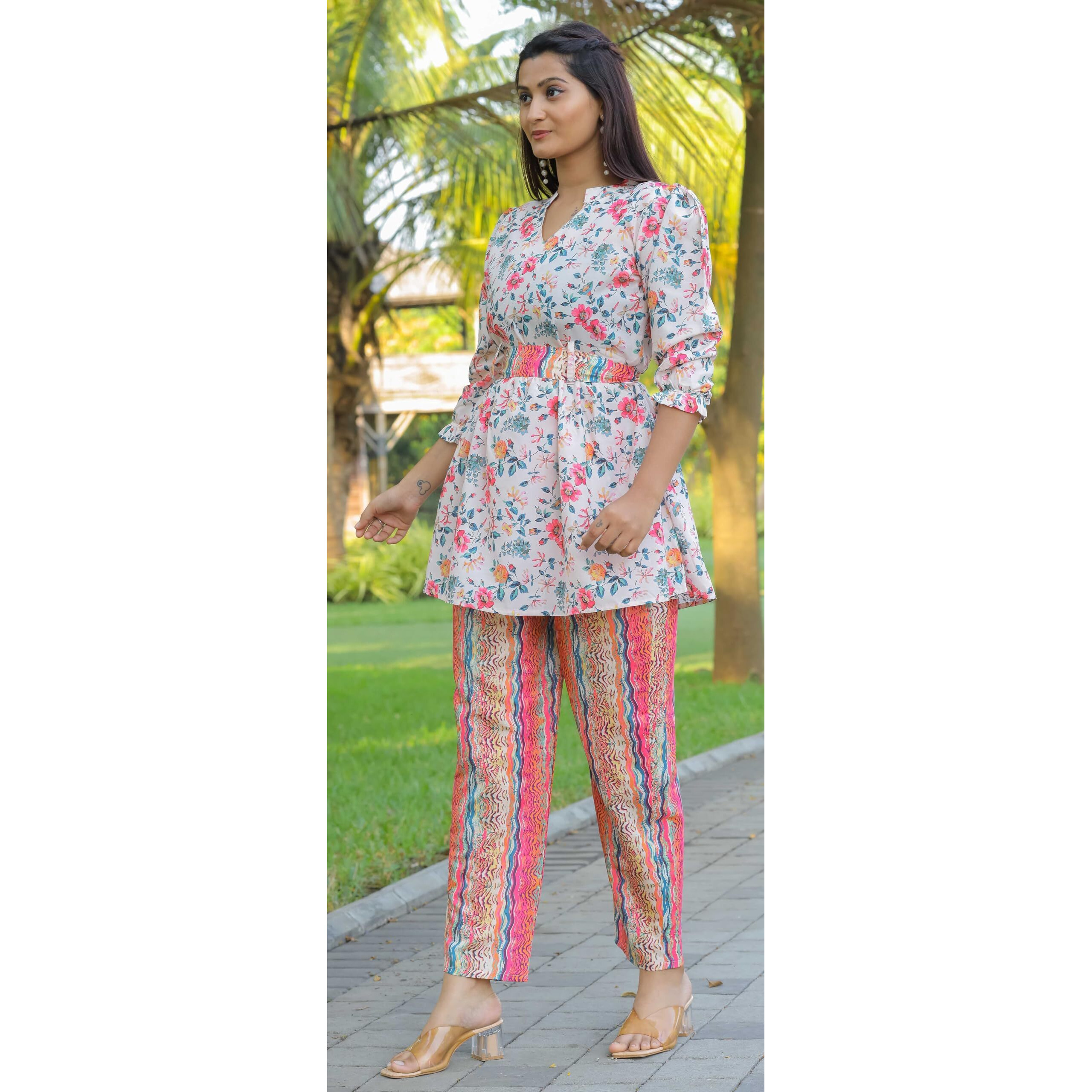 Sugathari Women's Dress Pink Cream Keyhole Neck Co-Ods Set For Women (Co-Ods 102 Pink White 2Xl)