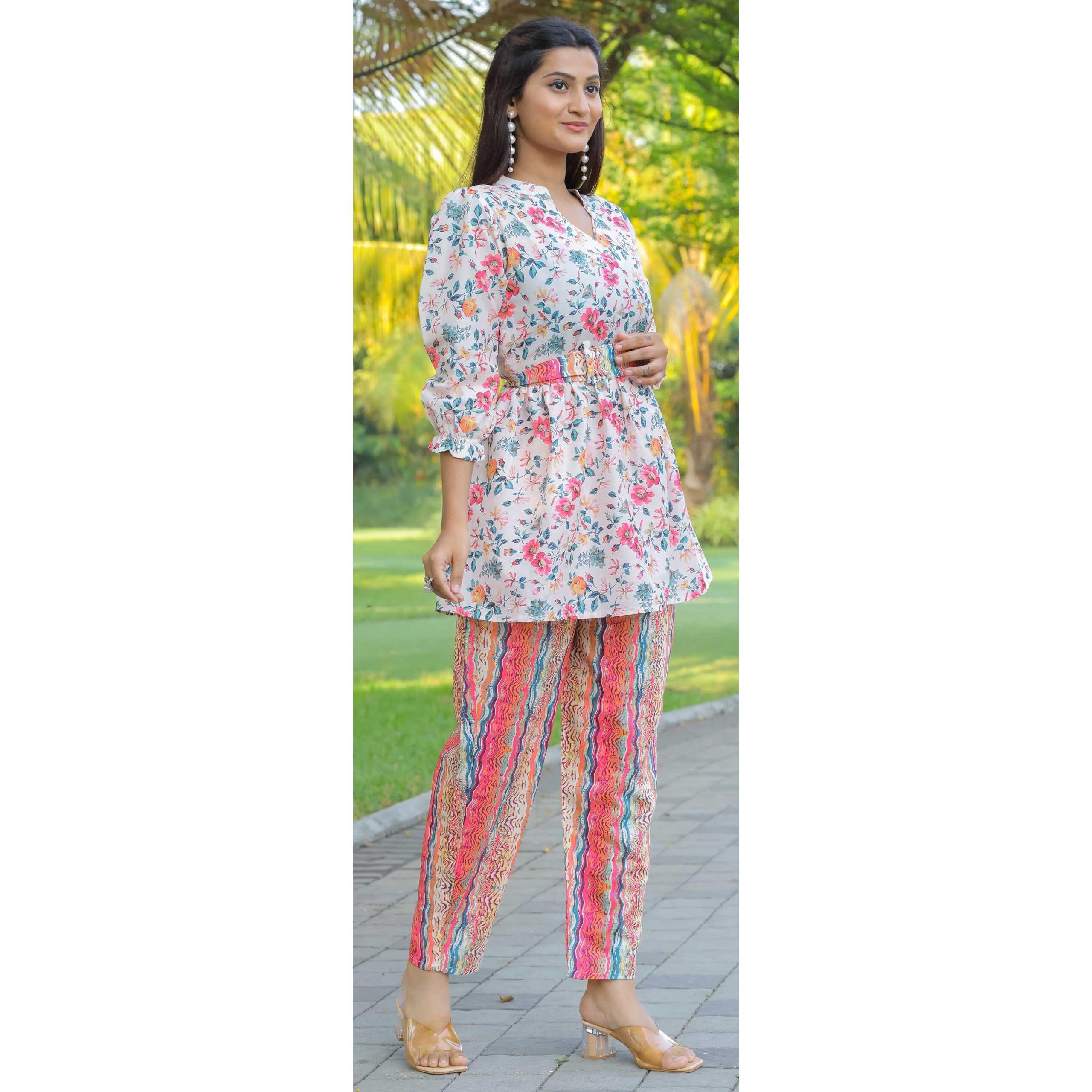 Sugathari Women's Dress Pink Cream Keyhole Neck Co-Ods Set For Women (Co-Ods 102 Pink White 2Xl)
