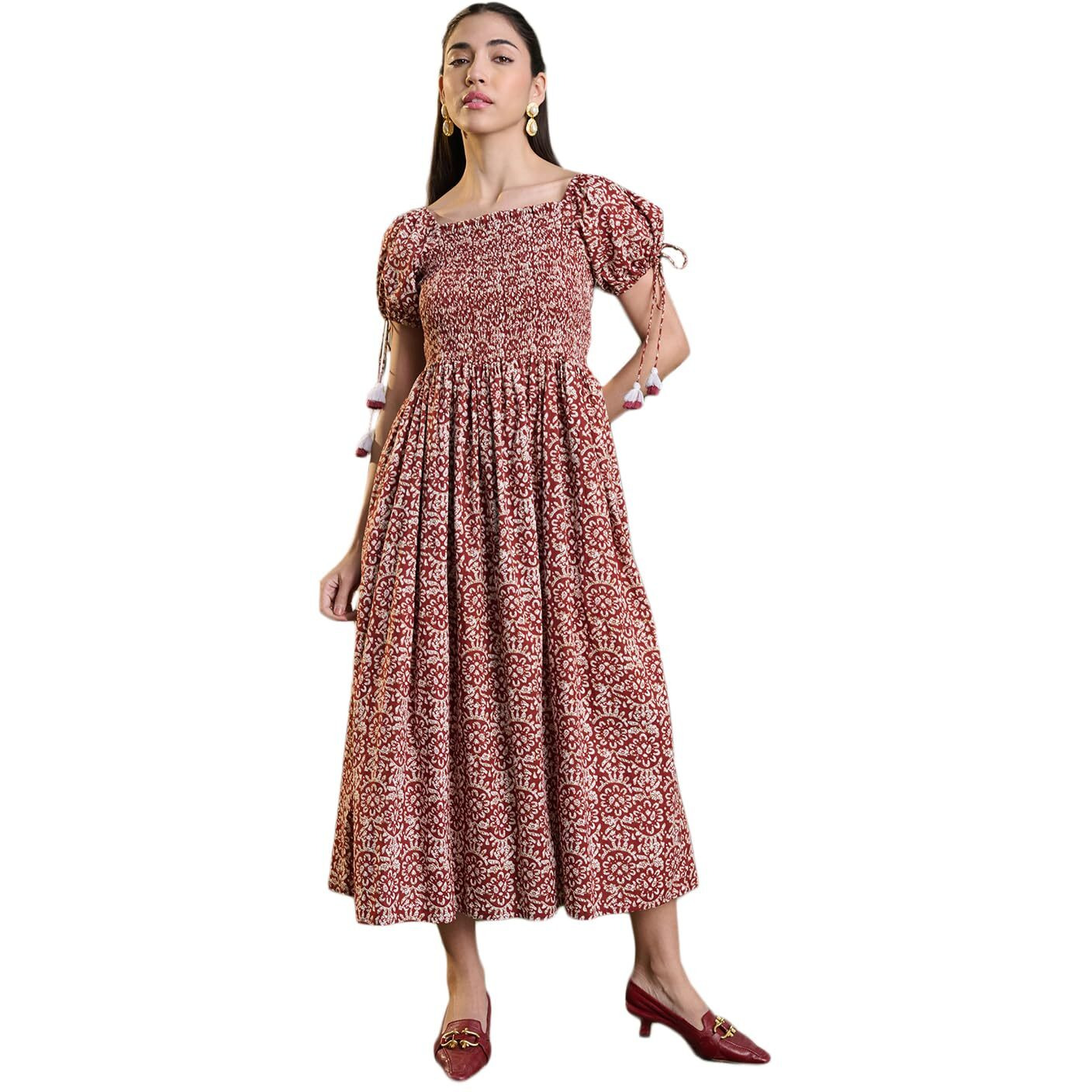 Stylum Women's Floral Printed Cotton Flared Dress (Drsrustcampa42_Rust, Xl)