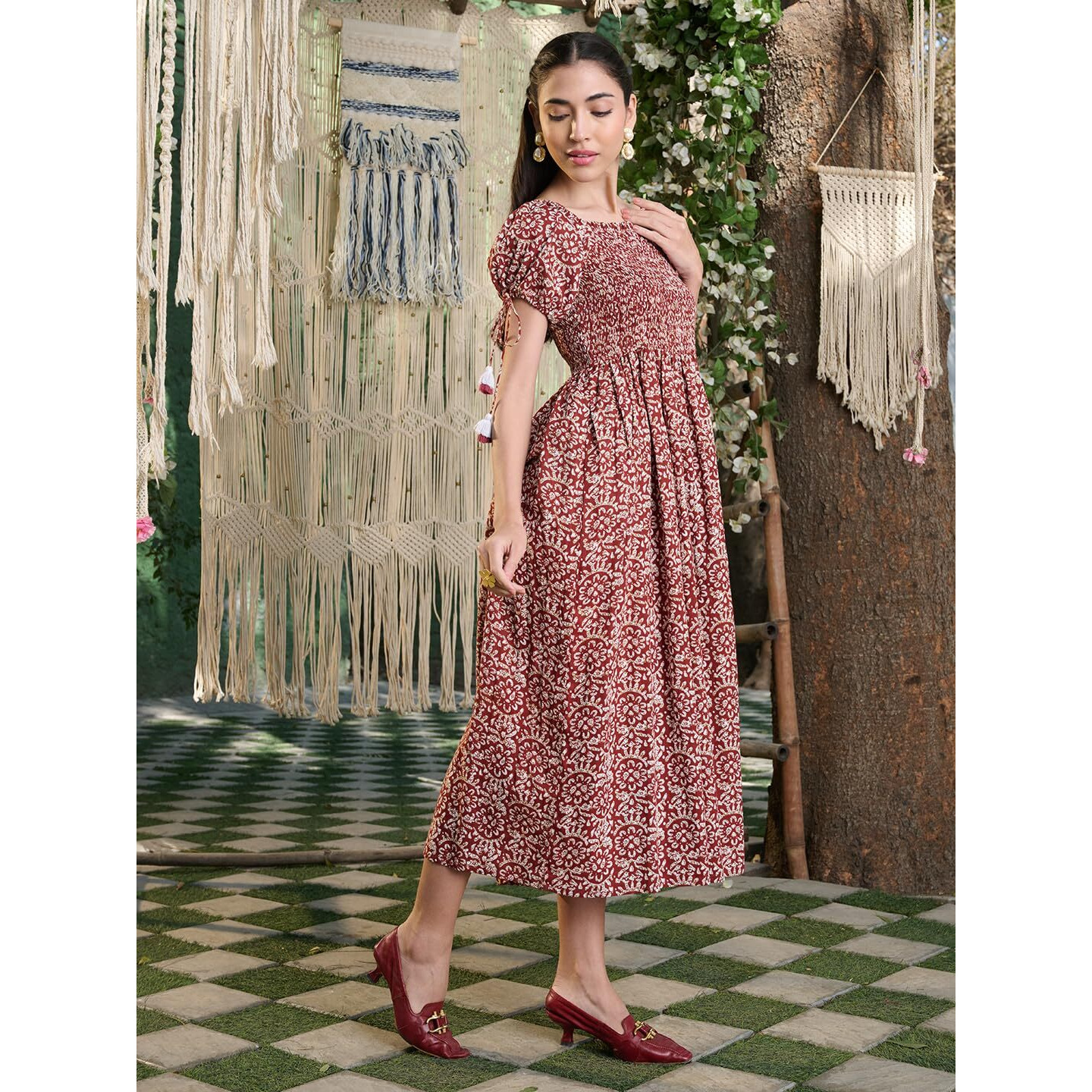 Stylum Women's Floral Printed Cotton Flared Dress (Drsrustcampa42_Rust, Xl)