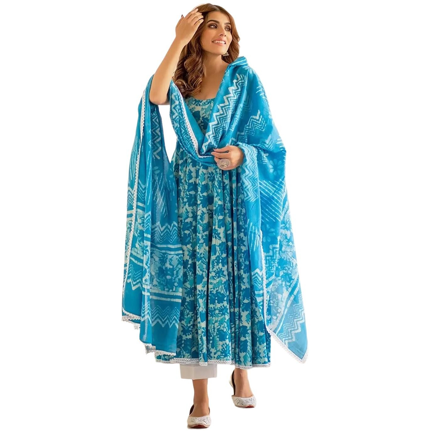 Tee Projekt Women's Cotton Blend Floral Printed Anarkali Kurta Pant With Dupatta Set Ll Round Neck Ll Blue Kurta Set