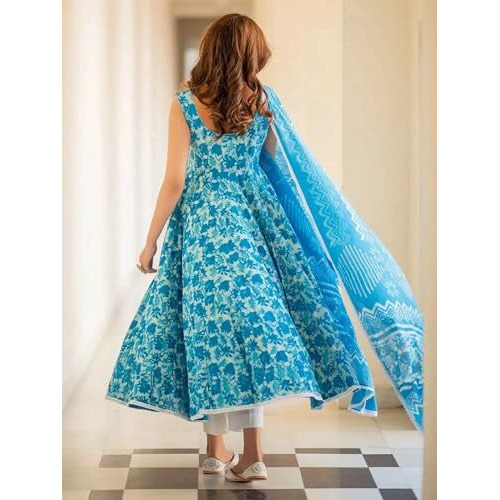 Tee Projekt Women's Cotton Blend Floral Printed Anarkali Kurta Pant With Dupatta Set Ll Round Neck Ll Blue Kurta Set