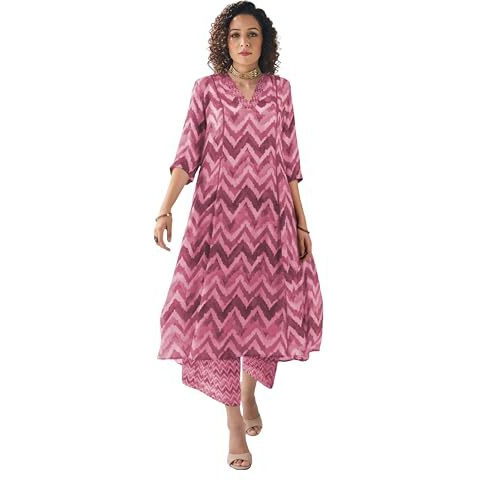 Toochki Dress For Women | Two Piece Dress For Women Long | Dress | Maxi Dress For Women | Dresses | Zig Zag Printed Dress | Cotton Dress For Women | Flared Dress | Dress With Palazzo For Womens Pink
