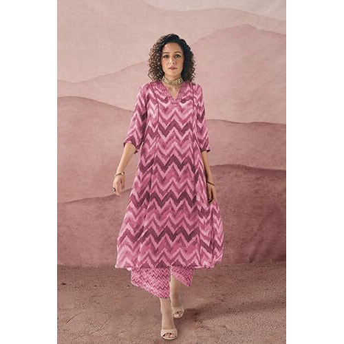 Toochki Dress For Women | Two Piece Dress For Women Long | Dress | Maxi Dress For Women | Dresses | Zig Zag Printed Dress | Cotton Dress For Women | Flared Dress | Dress With Palazzo For Womens Pink