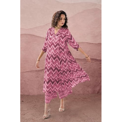 Toochki Dress For Women | Two Piece Dress For Women Long | Dress | Maxi Dress For Women | Dresses | Zig Zag Printed Dress | Cotton Dress For Women | Flared Dress | Dress With Palazzo For Womens Pink