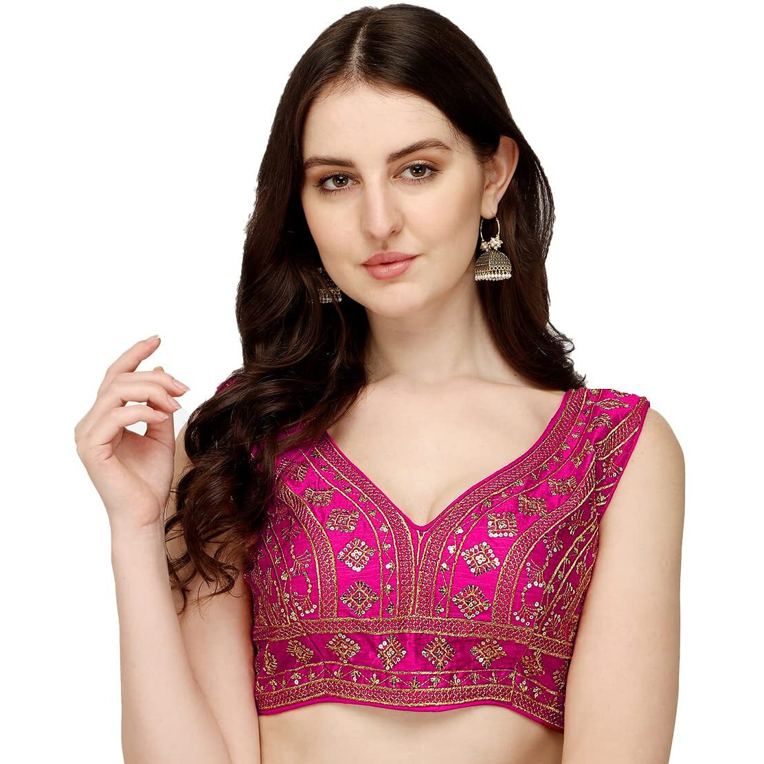 Vihu Fashion Women's Silk Embroidery Sequins Zari Work Readymade Saree Blouse