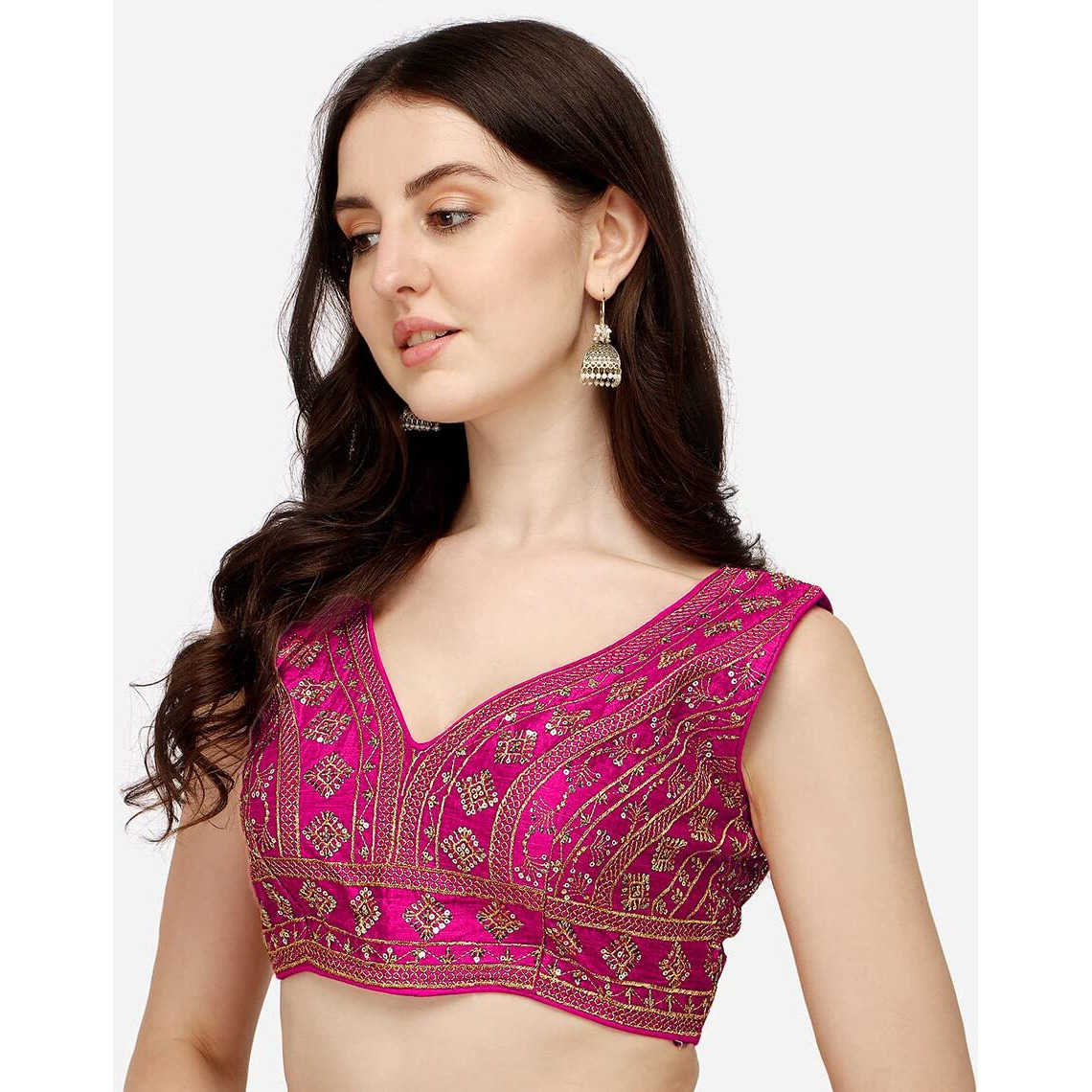 Vihu Fashion Women's Silk Embroidery Sequins Zari Work Readymade Saree Blouse