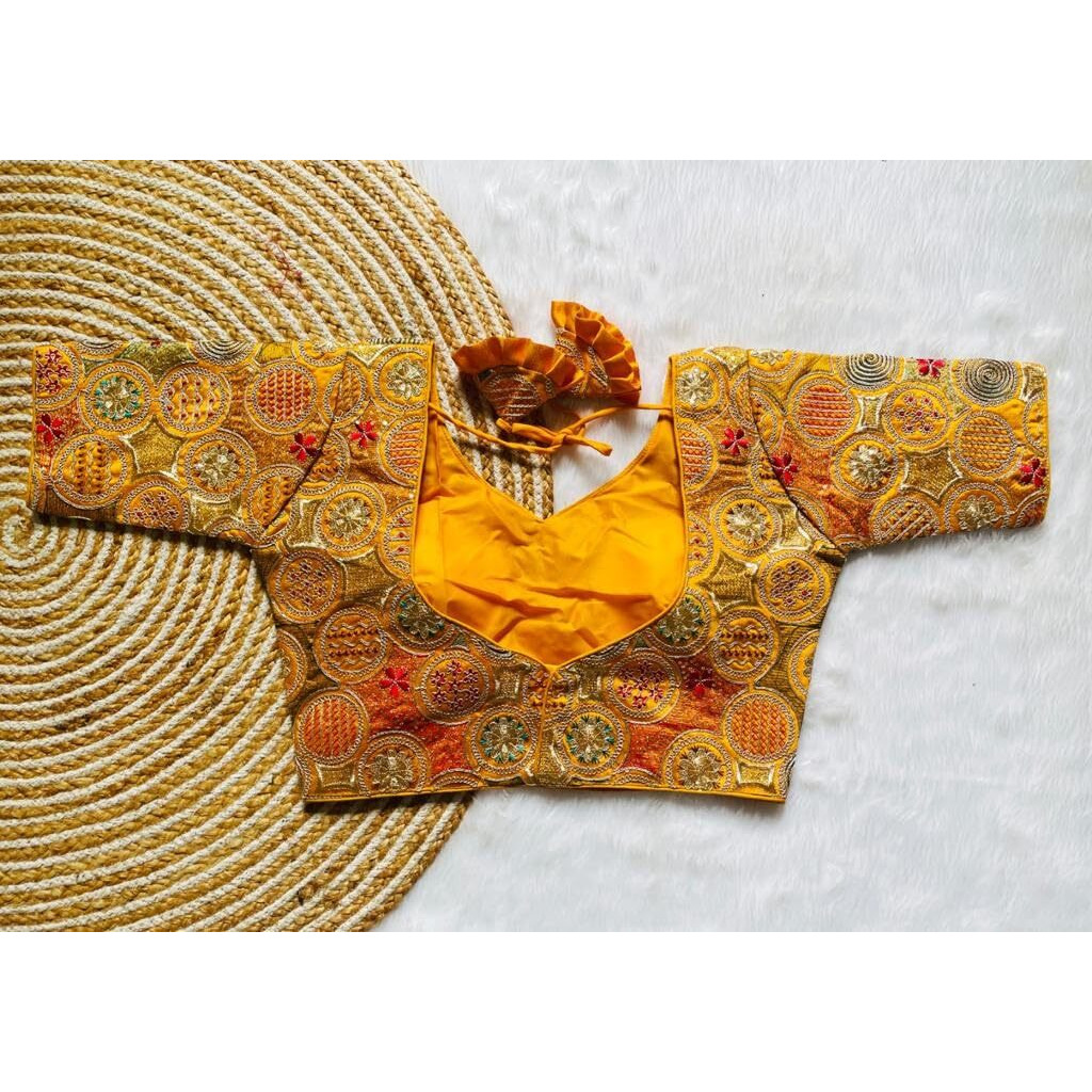 Vihu Fashion Women's Readymade Milan Silk Half Sleeve Embroidery Multi Coding Gold Thread Ethnic Designer Stitched Saree Blouse For Saree Lehenga Choli (Vf2420 Yellow 32)