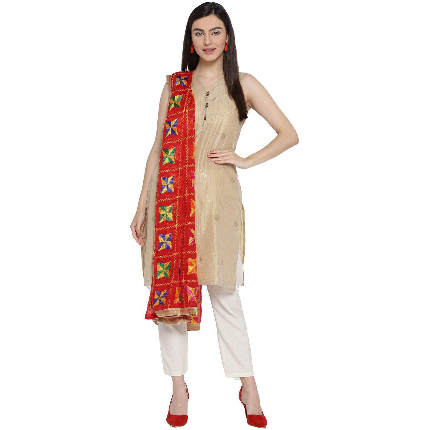 Weavers Villa Punjabi Hand Embroided Phulkari Faux Chiffon Red Dupatta, Stoles, 2.25 Mtrs
