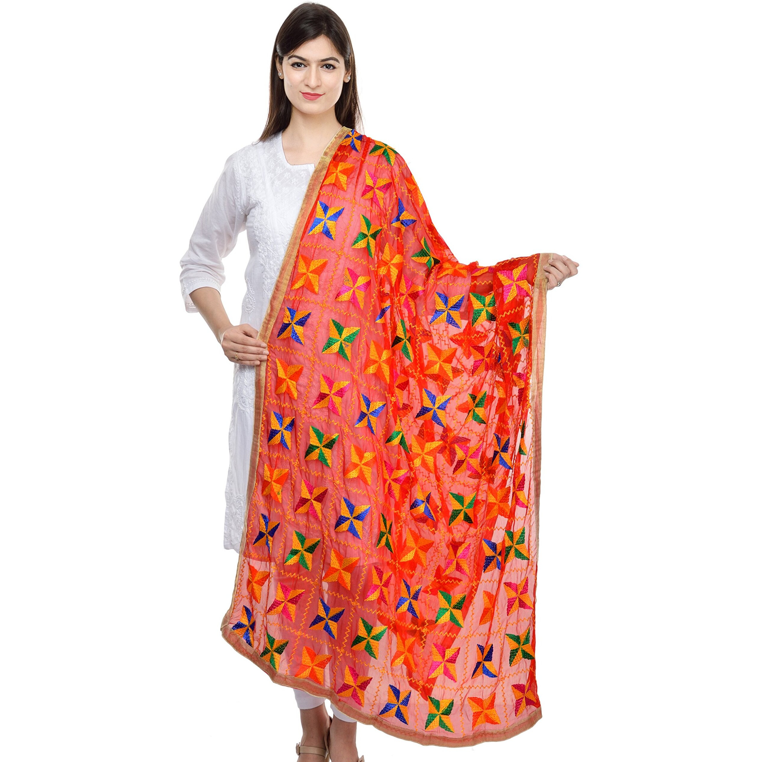 Weavers Villa Punjabi Hand Embroided Phulkari Faux Chiffon Red Dupatta, Stoles, 2.25 Mtrs