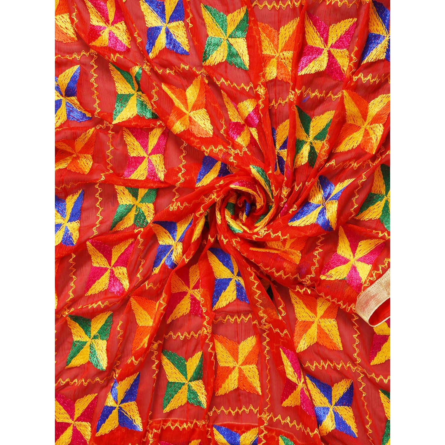 Weavers Villa Punjabi Hand Embroided Phulkari Faux Chiffon Red Dupatta, Stoles, 2.25 Mtrs