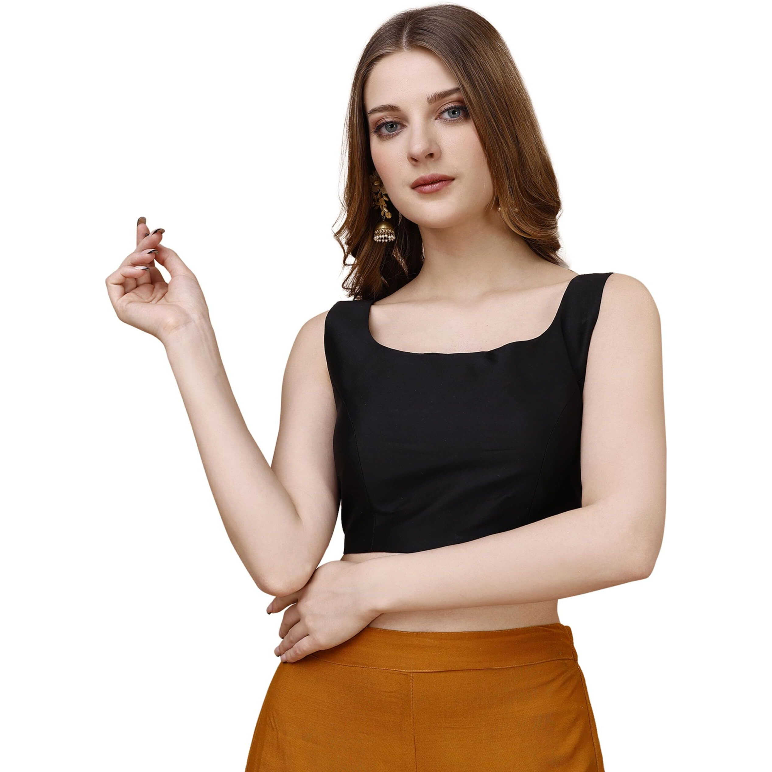 Womanista Women's Taffeta Solid Sleeveless Regular Fit Sequinned Blouse (Bl_42_Black L)