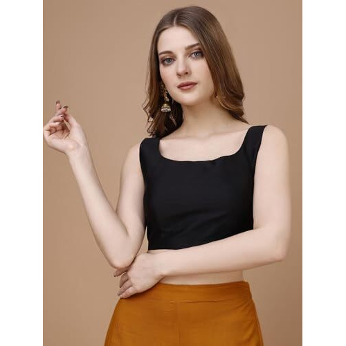 Womanista Women's Taffeta Solid Sleeveless Regular Fit Sequinned Blouse (Bl_42_Black L)