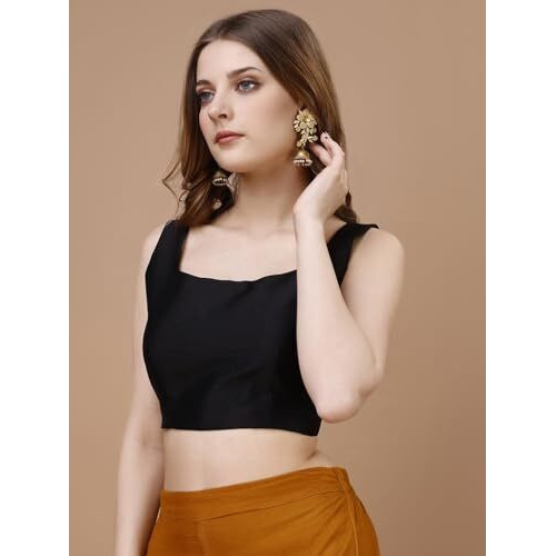 Womanista Women's Taffeta Solid Sleeveless Regular Fit Sequinned Blouse (Bl_42_Black L)