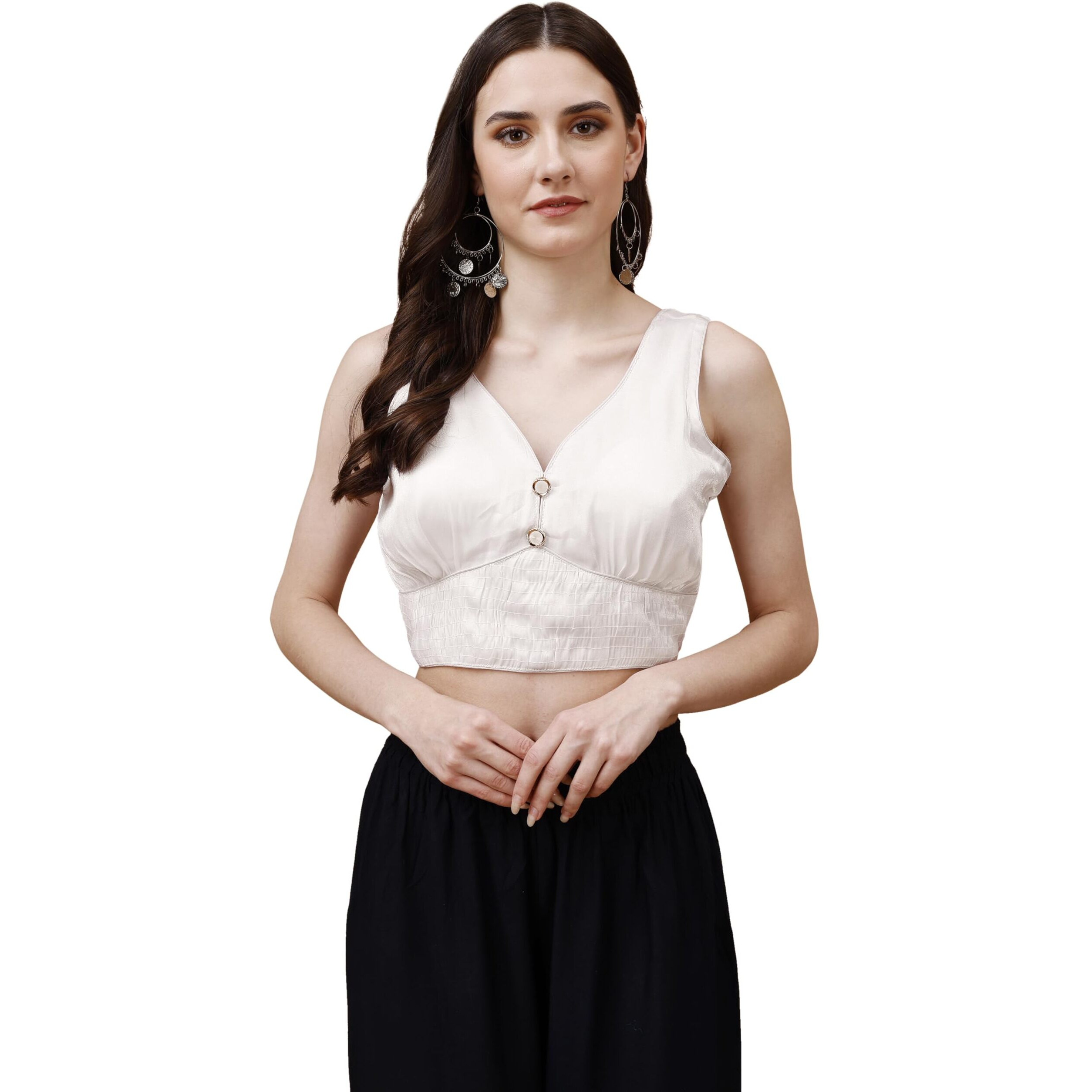 Womanista Women's Synthetic Solid Sleeveless Regular Fit Sequinned Blouse (Bl_06A_White L)