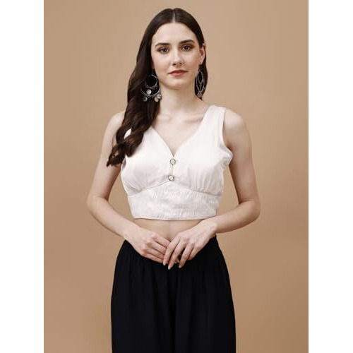 Womanista Women's Synthetic Solid Sleeveless Regular Fit Sequinned Blouse (Bl_06A_White L)