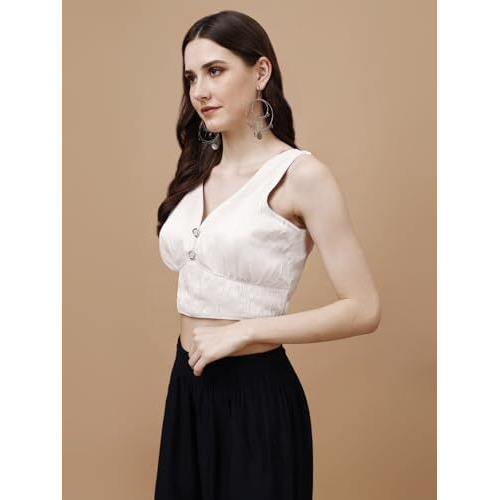 Womanista Women's Synthetic Solid Sleeveless Regular Fit Sequinned Blouse (Bl_06A_White L)