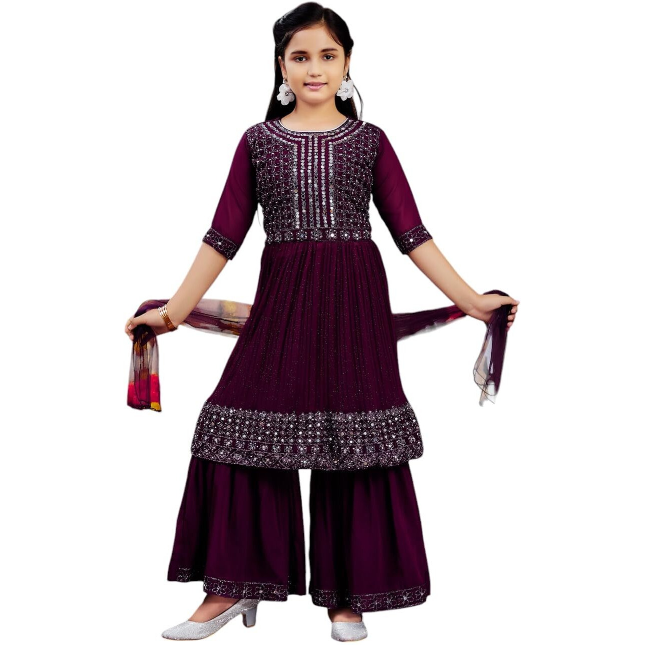 Aarika Girls Ethnic Wear Purple Colour Mirror Embroidery Georgette Kurti Sharara Set (5-11 Years)