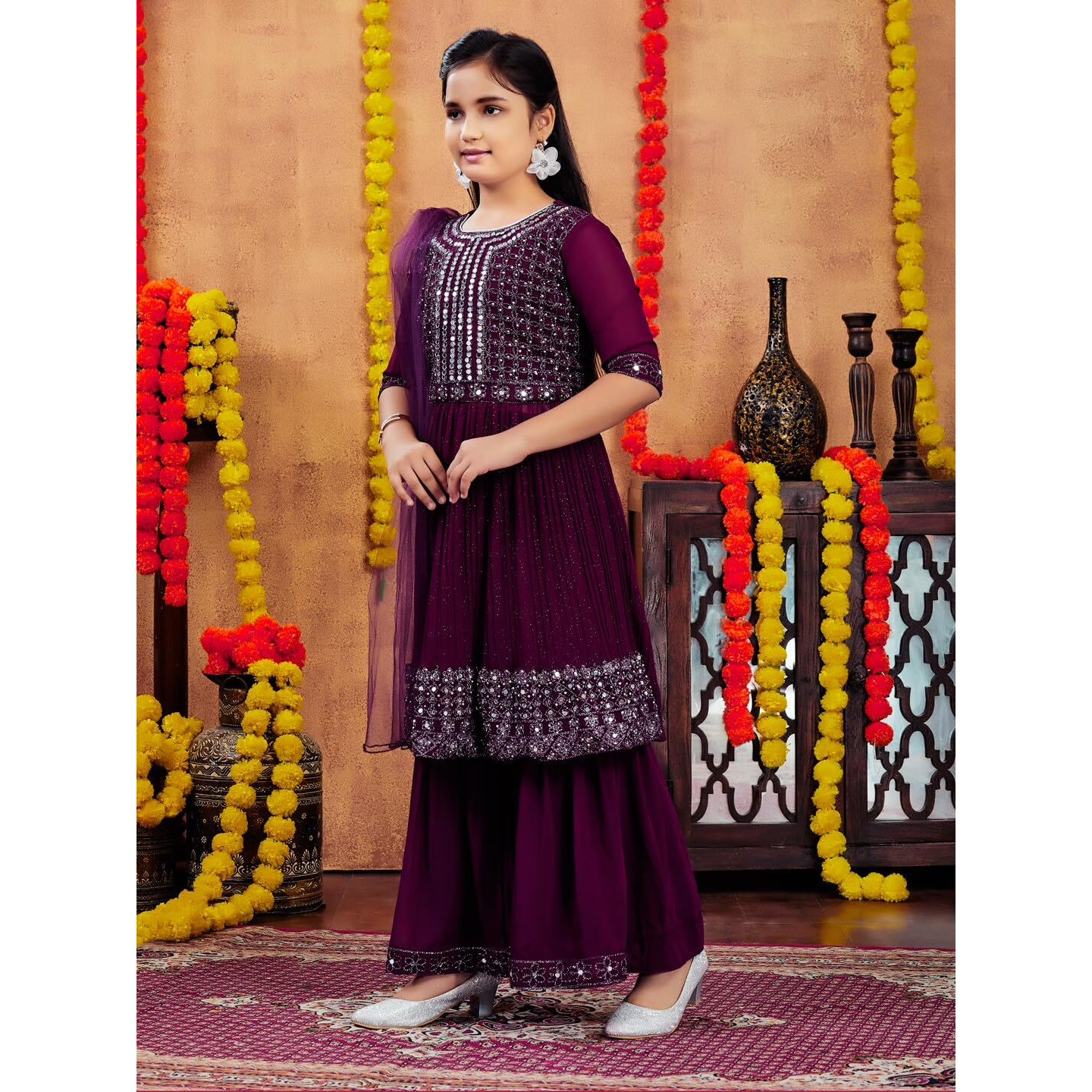 Aarika Girls Ethnic Wear Purple Colour Mirror Embroidery Georgette Kurti Sharara Set (5-11 Years)