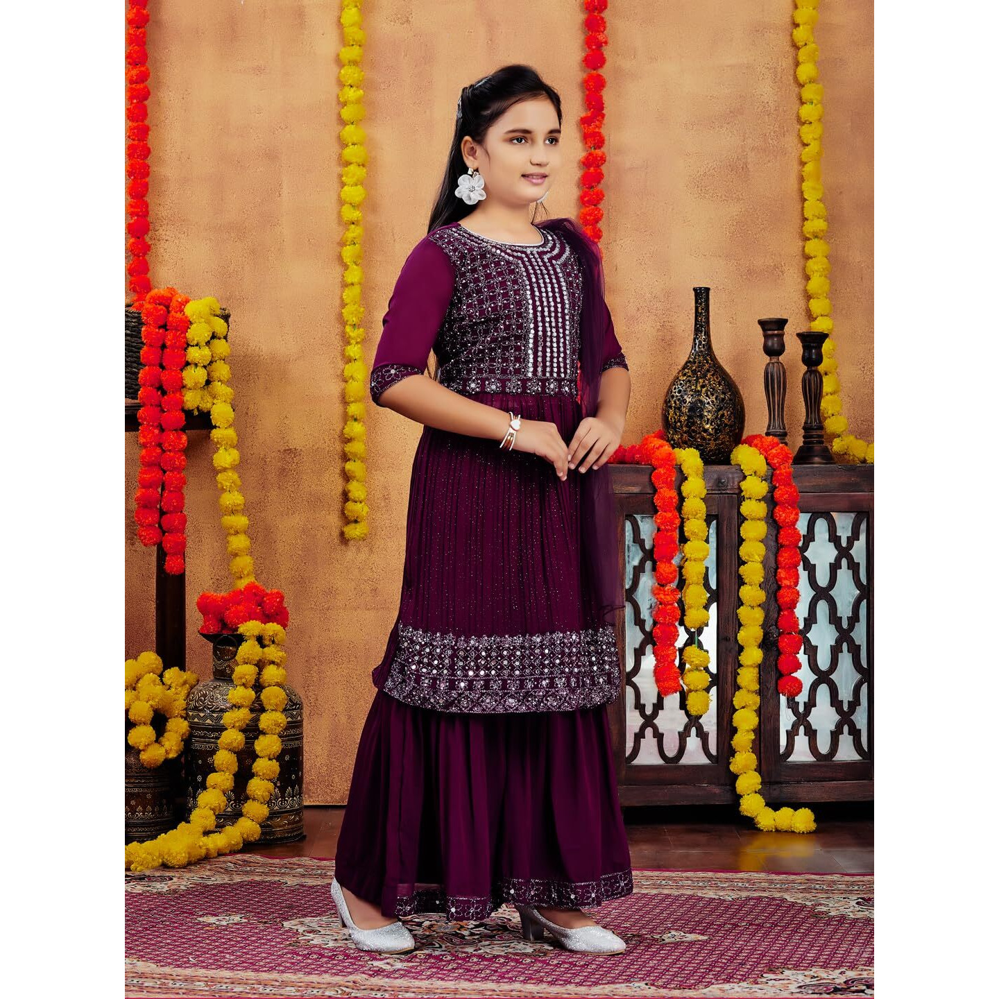 Aarika Girls Ethnic Wear Purple Colour Mirror Embroidery Georgette Kurti Sharara Set (5-11 Years)