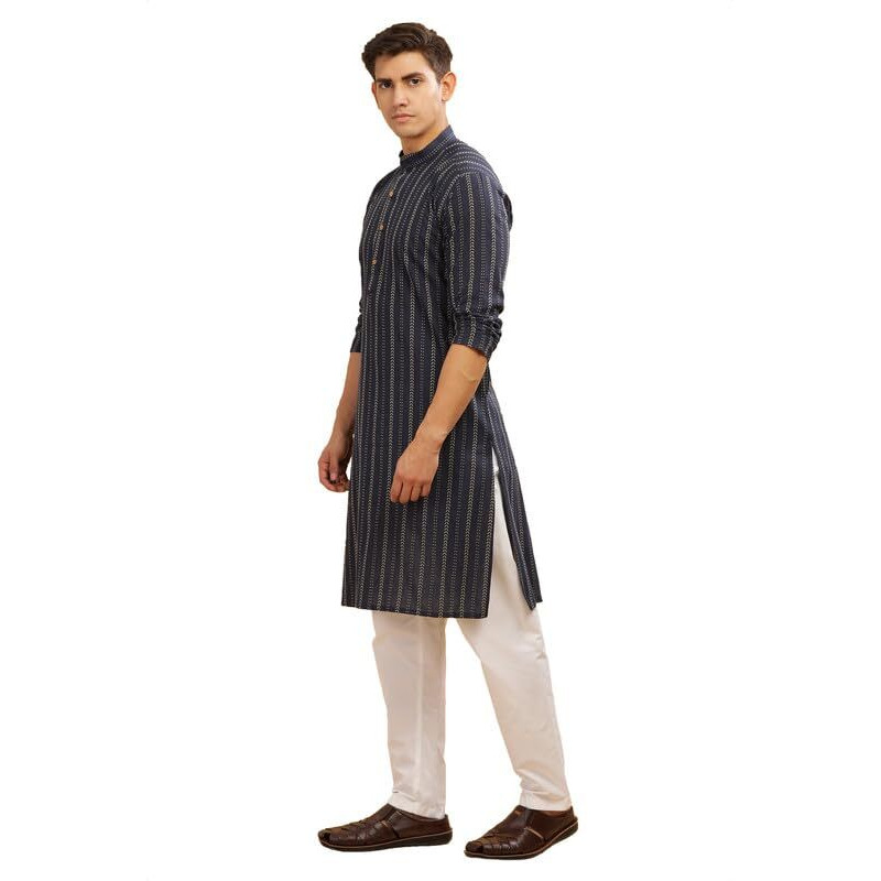 Be Active Men's Traditional Lining Stripe Stripes Design Full Sleeves Kurta || Cotton Kurta For Men || Men Kurta For Wedding || Kurta For Men (Sk0868 2 S) Navy Blue