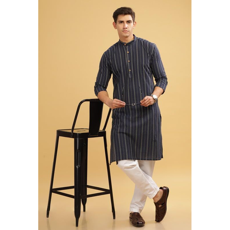 Be Active Men's Traditional Lining Stripe Stripes Design Full Sleeves Kurta || Cotton Kurta For Men || Men Kurta For Wedding || Kurta For Men (Sk0868 2 S) Navy Blue
