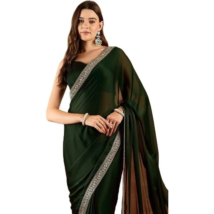 Cb-Colebrook Women's Soft Satin Saree With Embroidered Sequin Border With Blouse Piece, Traditional Indian Ethnic Wear, Party, Wedding Sarees For Womens (Dark Olive)