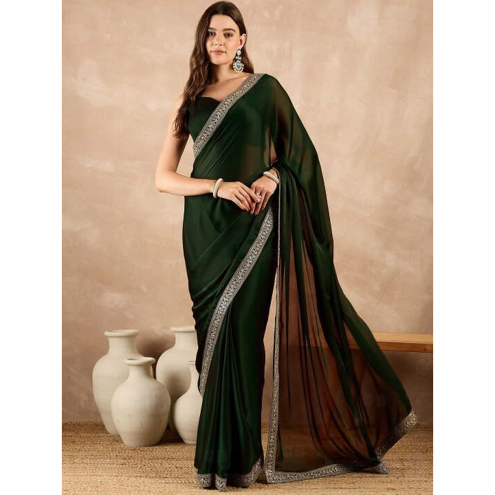 Cb-Colebrook Women's Soft Satin Saree With Embroidered Sequin Border With Blouse Piece, Traditional Indian Ethnic Wear, Party, Wedding Sarees For Womens (Dark Olive)