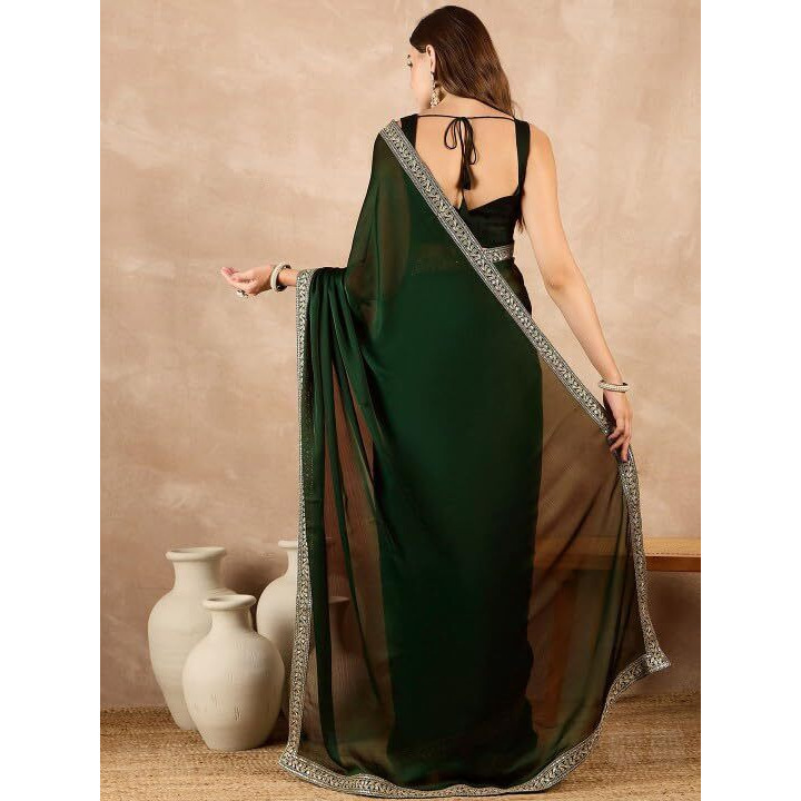 Cb-Colebrook Women's Soft Satin Saree With Embroidered Sequin Border With Blouse Piece, Traditional Indian Ethnic Wear, Party, Wedding Sarees For Womens (Dark Olive)