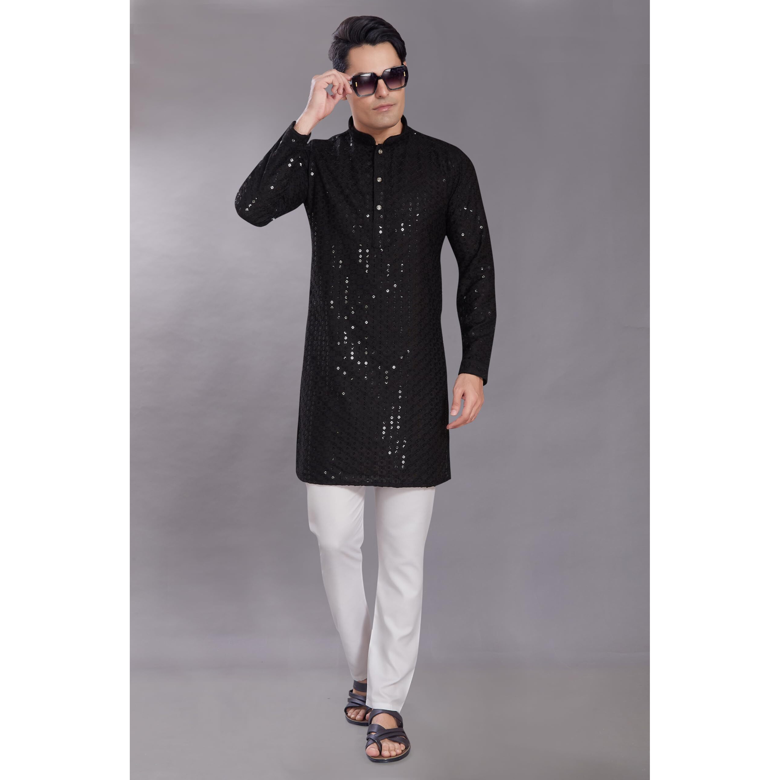 Divisive Men's Sequince Embroidered Cotton Blend Only Slim Fit Kurta (Dkrt575_M_Black)