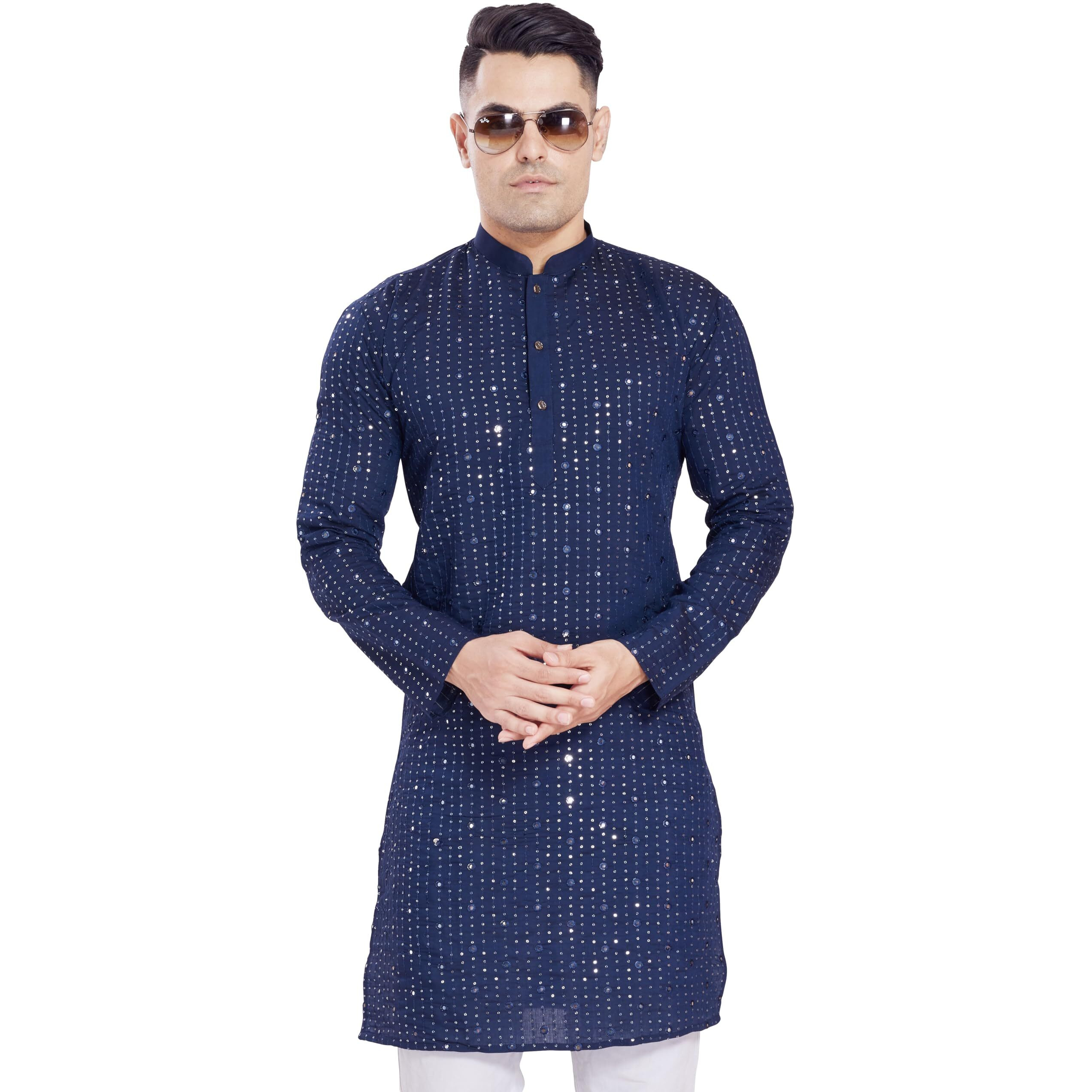 Divisive Men's Sequince Mirror Embroidered Cotton Silk Blend Only Slim Fit Kurta (Dkrt176_Xxl_Navy Blue)